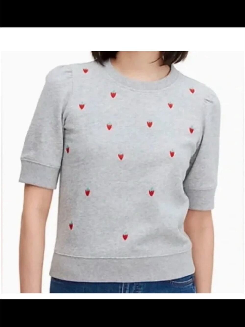Kate Spade size small Grey Strawberry-Print Short Sleeve Sweatshirt cottage core